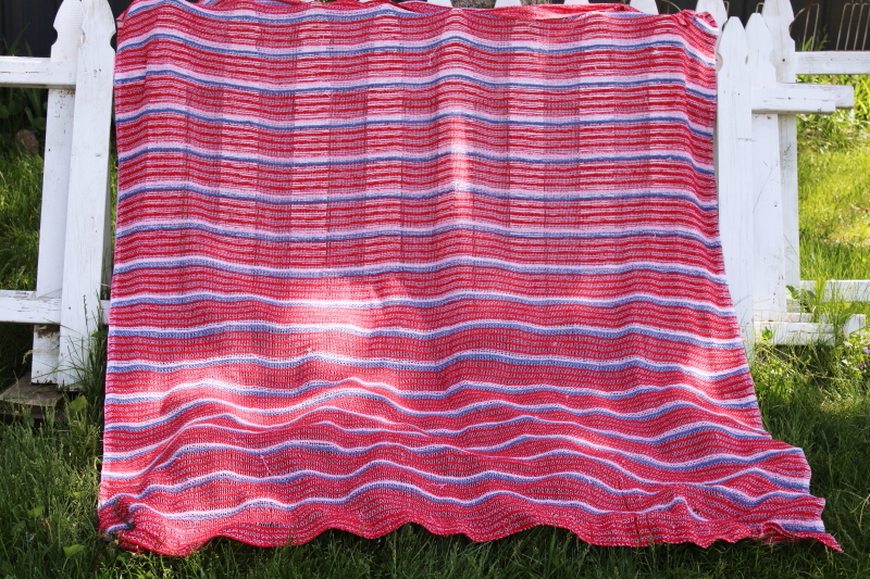 photo of vintage picnic or camp blanket, red white blue striped thermal acrylic blanket 1970s #1