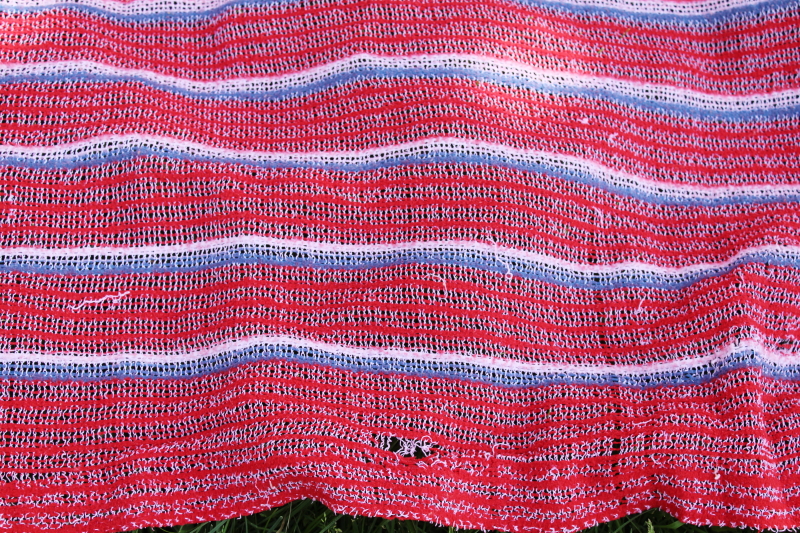 photo of vintage picnic or camp blanket, red white blue striped thermal acrylic blanket 1970s #2