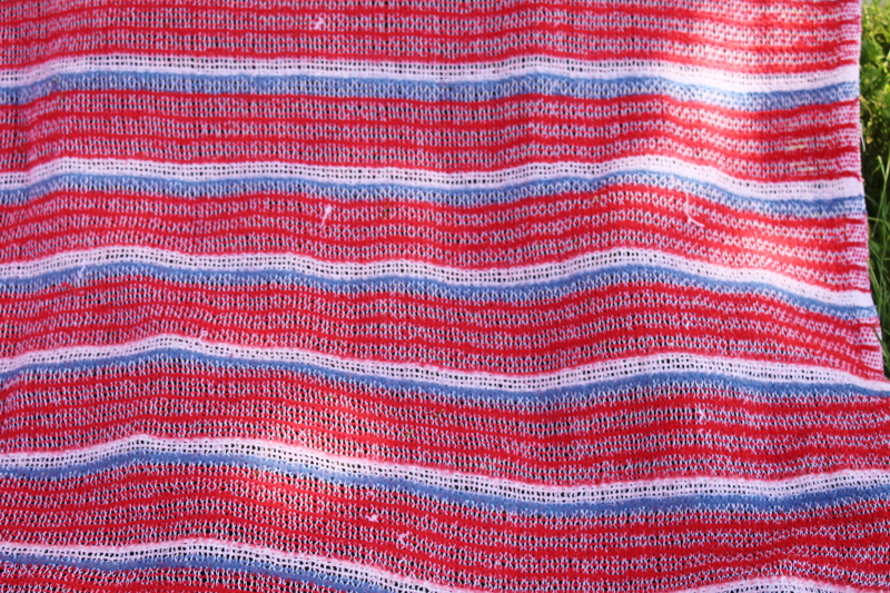 photo of vintage picnic or camp blanket, red white blue striped thermal acrylic blanket 1970s #3