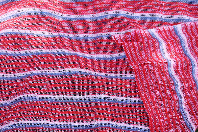 photo of vintage picnic or camp blanket, red white blue striped thermal acrylic blanket 1970s #4