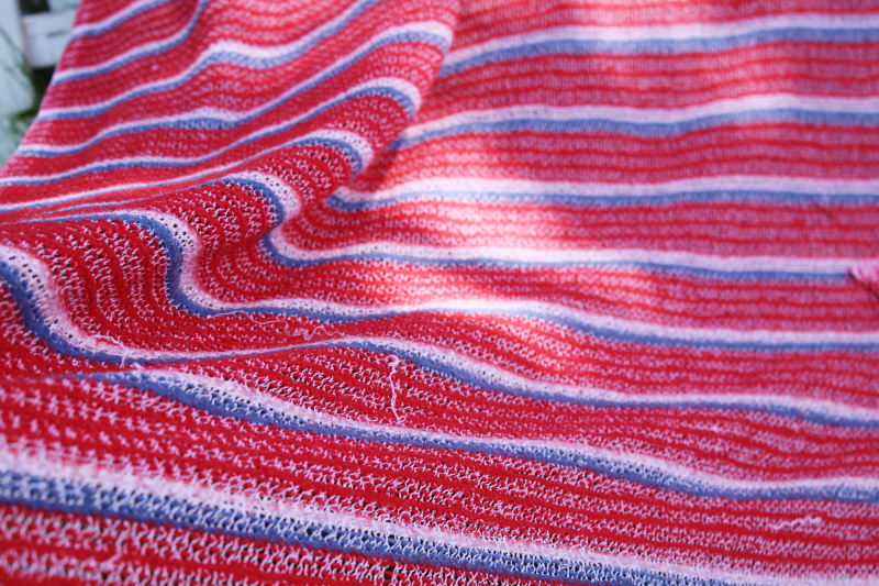 photo of vintage picnic or camp blanket, red white blue striped thermal acrylic blanket 1970s #5