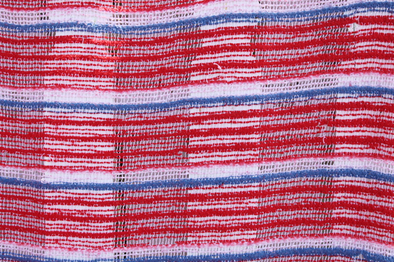 photo of vintage picnic or camp blanket, red white blue striped thermal acrylic blanket 1970s #6
