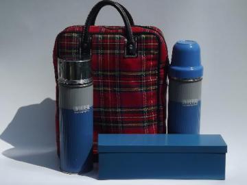 catalog photo of vintage picnic set, red tartanware tote, sandwich carrier, thermos