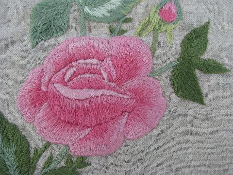 photo of vintage pillow sham cover, embroidered pink roses on flax linen, jadite green cotton #3