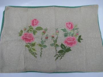 catalog photo of vintage pillow sham cover, embroidered pink roses on flax linen, jadite green cotton
