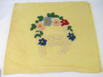 catalog photo of vintage pillow top cover w/ Good Luck motto in looped chenille embroidery