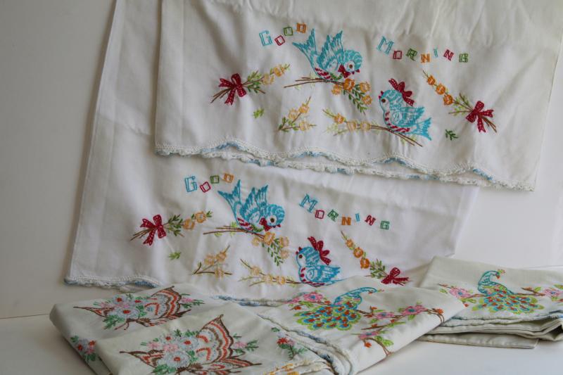 photo of vintage pillowcases w/ embroidery & lace, lot of linens for upcycle sewing projects #1