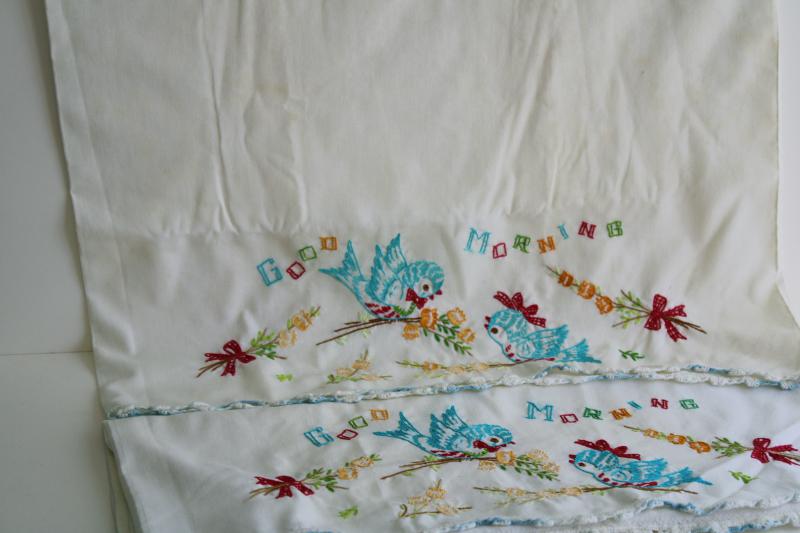 photo of vintage pillowcases w/ embroidery & lace, lot of linens for upcycle sewing projects #2