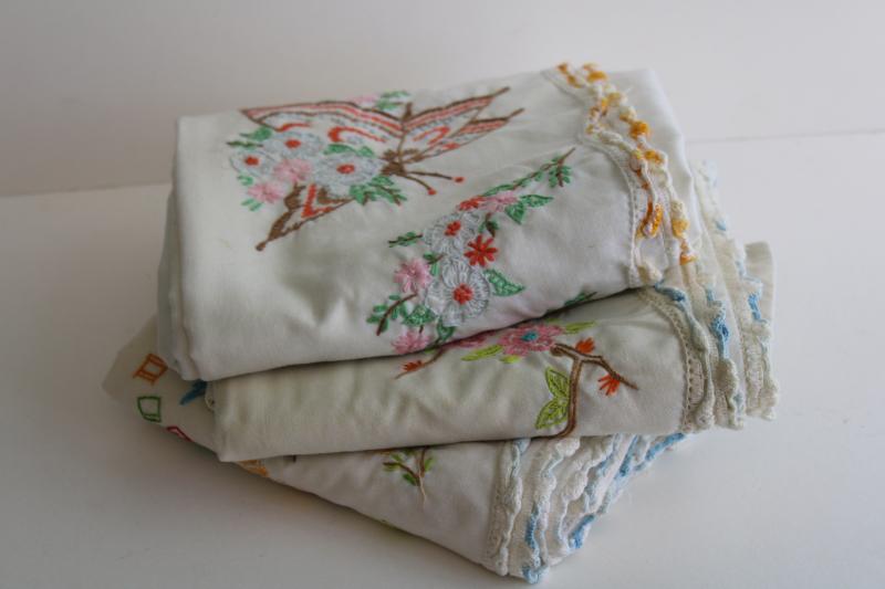 photo of vintage pillowcases w/ embroidery & lace, lot of linens for upcycle sewing projects #7