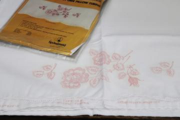 catalog photo of vintage pillowcases stamped to embroider, cotton poly pillow tubing fabric w/ chart