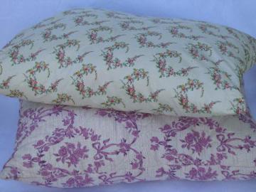 catalog photo of vintage pillows w/ flowered cotton fabric covers, old feather pillow