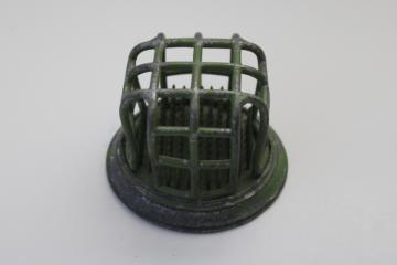 photo of vintage pin type frog flower holder w/ metal cage, worn original green paint