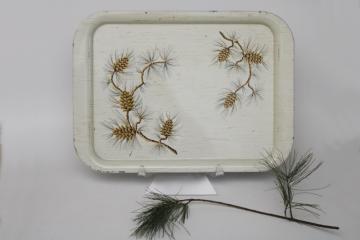 catalog photo of vintage pine branches pinecones print metal tray, rustic neutral winter holiday decor