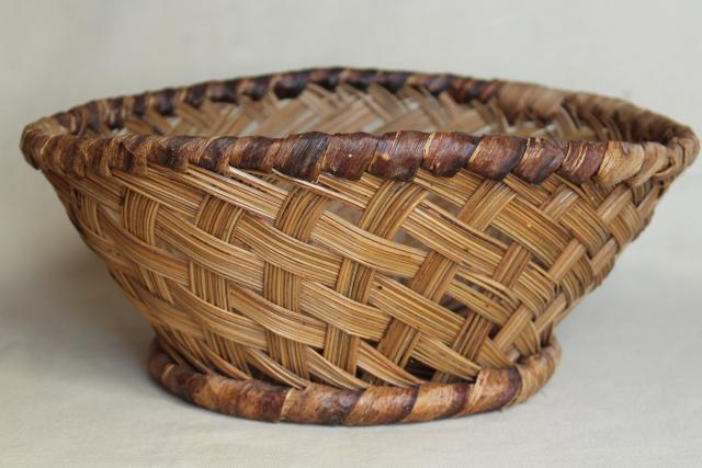 photo of vintage pine needle basket, beautiful large hand woven basketweave bowl #3