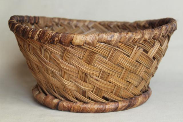 photo of vintage pine needle basket, beautiful large hand woven basketweave bowl #6