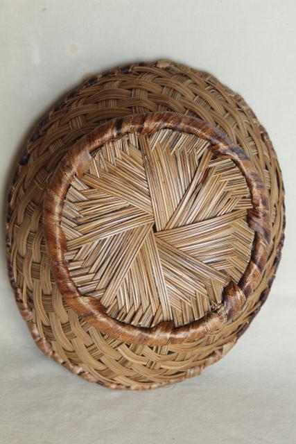 photo of vintage pine needle basket, beautiful large hand woven basketweave bowl #9