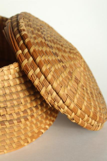 photo of vintage pine needle basket, handmade coiled basket sewing box w/ lid #5