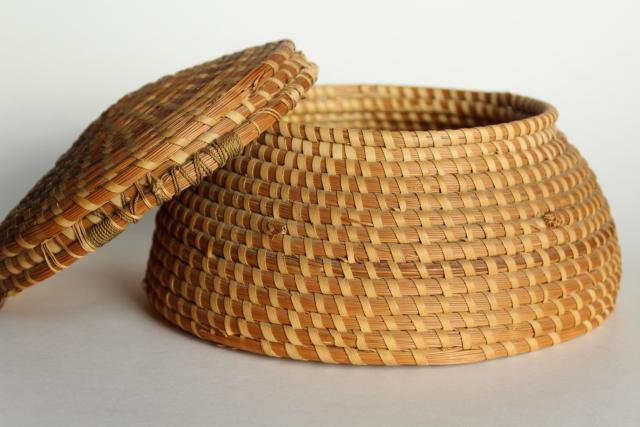 photo of vintage pine needle basket, handmade coiled basket sewing box w/ lid #10