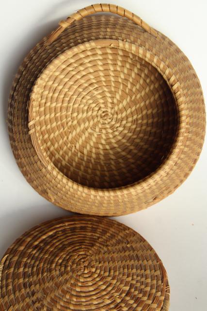 photo of vintage pine needle basket, handmade coiled basket sewing box w/ lid #12