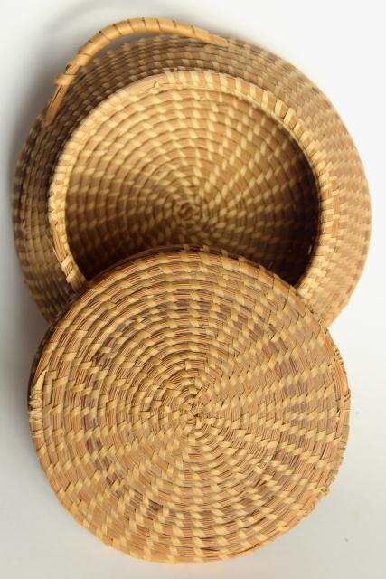 photo of vintage pine needle basket, handmade coiled basket sewing box w/ lid #13