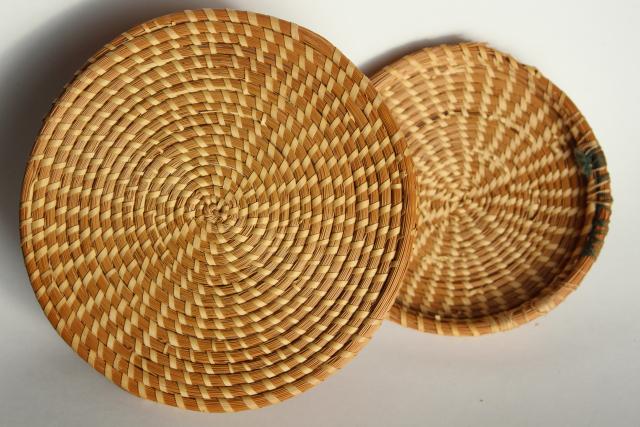 photo of vintage pine needle basket, handmade coiled basket sewing box w/ lid #14