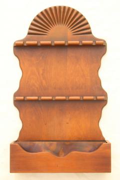 catalog photo of vintage pine wood spoon holder, wooden wall box w/ rack to hold spoons