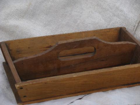 photo of vintage pine wood table box / knife tray with handle, for knives, flatware #1