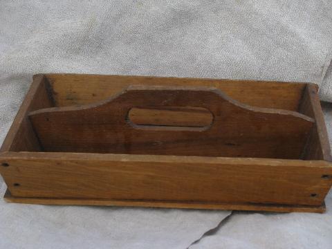 photo of vintage pine wood table box / knife tray with handle, for knives, flatware #2