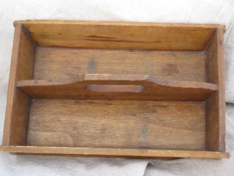 photo of vintage pine wood table box / knife tray with handle, for knives, flatware #4