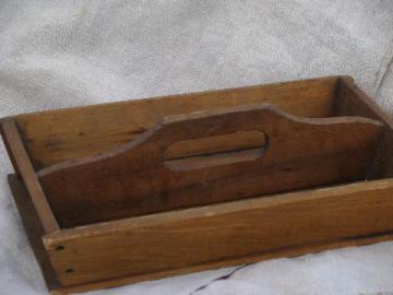 catalog photo of vintage pine wood table box / knife tray with handle, for knives, flatware