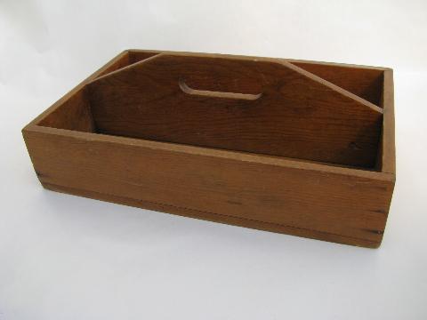 photo of vintage pine wood table box / knife tray with handle, for knives, flatware #1