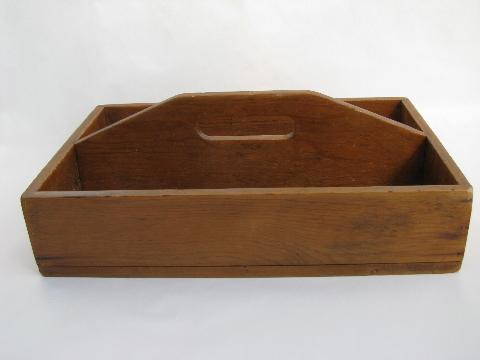 photo of vintage pine wood table box / knife tray with handle, for knives, flatware #4