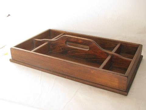 photo of vintage pine wood table box / knife tray with handle, for knives, flatware #1