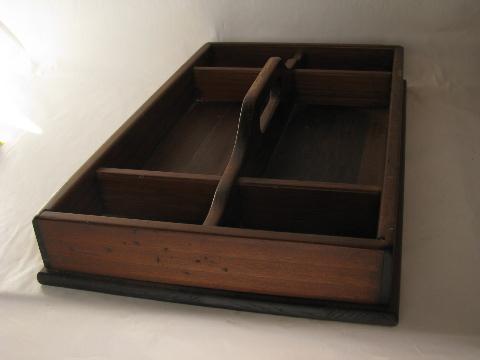 photo of vintage pine wood table box / knife tray with handle, for knives, flatware #3