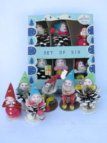 photo of vintage pinecone dwarves Christmas gnomes, original Shiny Brite boxes #1