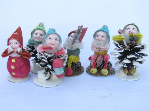 photo of vintage pinecone dwarves Christmas gnomes, original Shiny Brite boxes #2