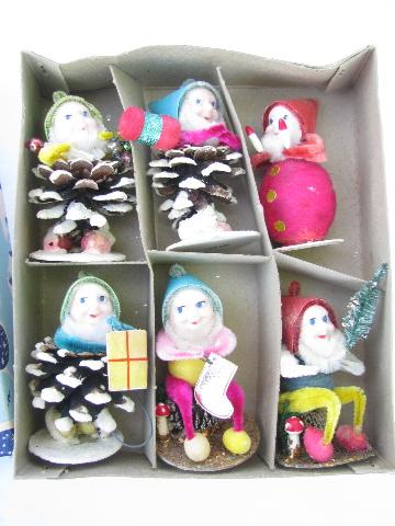 photo of vintage pinecone dwarves Christmas gnomes, original Shiny Brite boxes #7