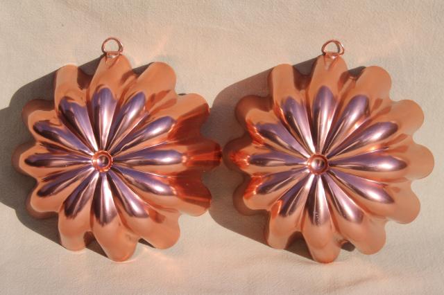 photo of vintage pink aluminum copper jello molds, decorative wall hangers kitchen food mold collection #9