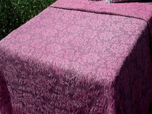 photo of vintage pink and black fringed cotton jacquard brocade pattern bedspread #1