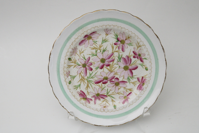 photo of vintage pink and mint green cosmos floral English bone china plate, Tuscan backstamp #1