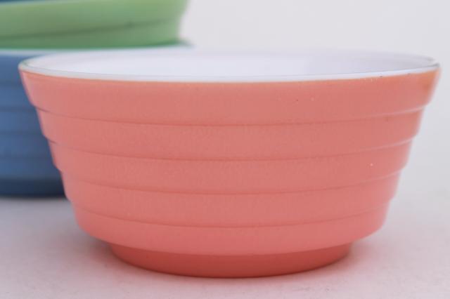 photo of vintage pink blue yellow green cottage cheese bowls, Hazel Atlas Moderntone platonite glass #6