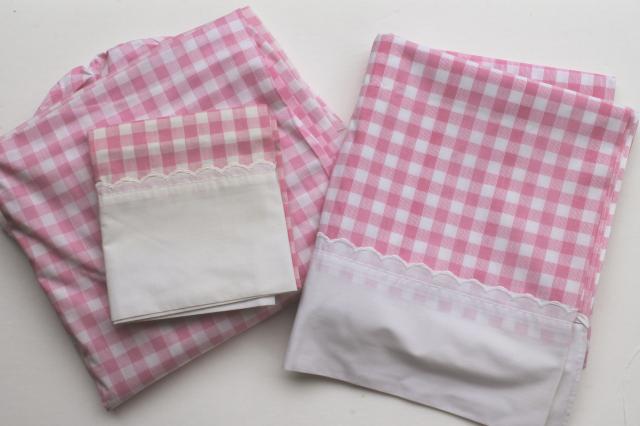 photo of vintage pink checked gingham sheets, double bed full fitted, flat sheet, pillowcase #1