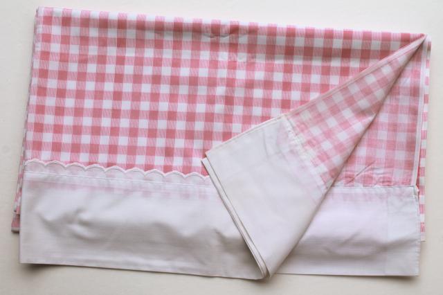 photo of vintage pink checked gingham sheets, double bed full fitted, flat sheet, pillowcase #2