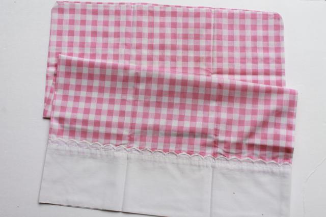 photo of vintage pink checked gingham sheets, double bed full fitted, flat sheet, pillowcase #4