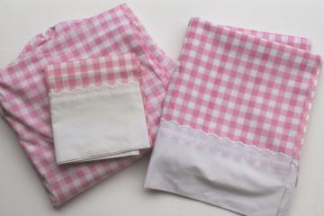 catalog photo of vintage pink checked gingham sheets, double bed full fitted, flat sheet, pillowcase