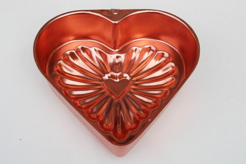 photo of vintage pink copper colored aluminum heart shaped jello mold or cake pan, kitchen wall hanging #2