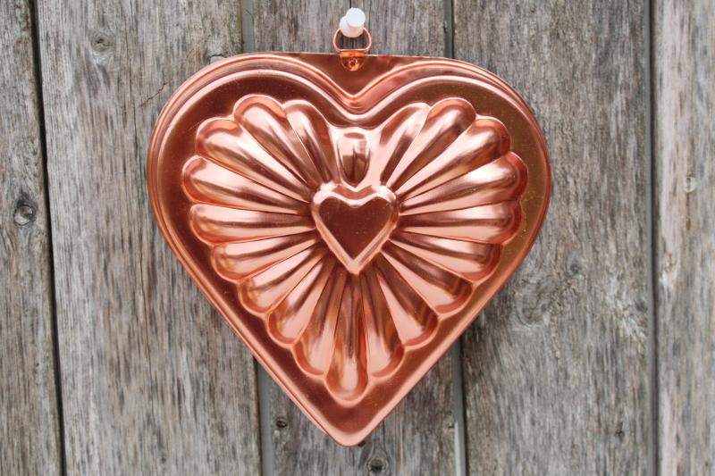 photo of vintage pink copper colored aluminum heart shaped jello mold or cake pan, kitchen wall hanging #3