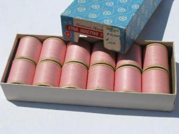 catalog photo of vintage pink cotton Star quilting thread, old wood spools in original box