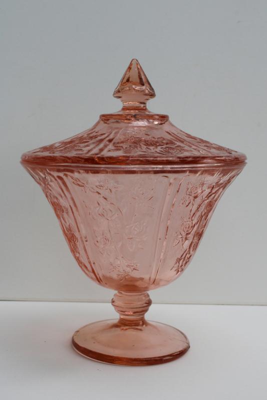 photo of vintage pink depression glass Sharon floral pattern covered candy dish #1