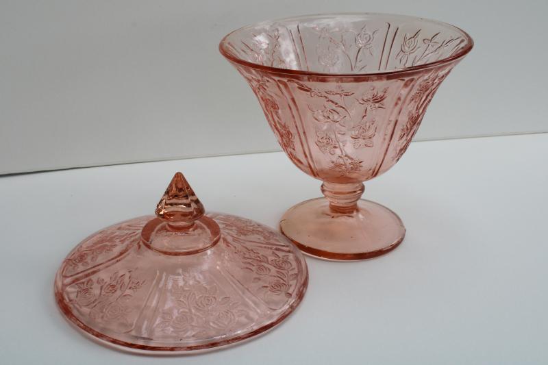 photo of vintage pink depression glass Sharon floral pattern covered candy dish #2